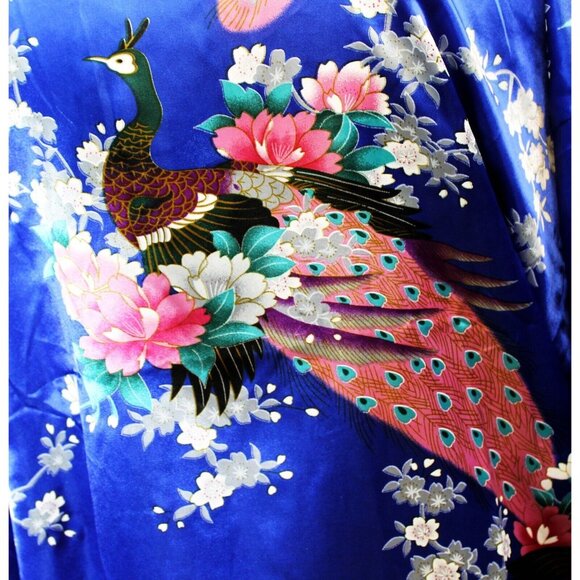 Blue Satin Japanese Kimono Style Floral Peacock Womens M Short Tie Robe - Picture 7 of 12